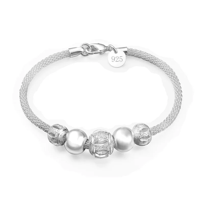 

Charm Bracelets Female Unisex Top Silver Chain with Some Smooth Beads Bangle S925 Stamp Arm Hand Jewelry Pulsera Never Fade S190