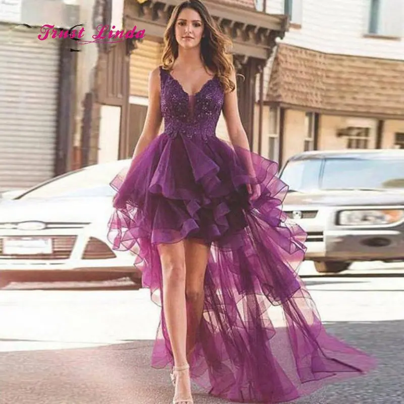 Потрясающие Высокая Низкая Платье для выпускного с аппликациями V средства ухода за кожей шеи для женщин подружки невесты Фиолетовый Платья Для Элегантное