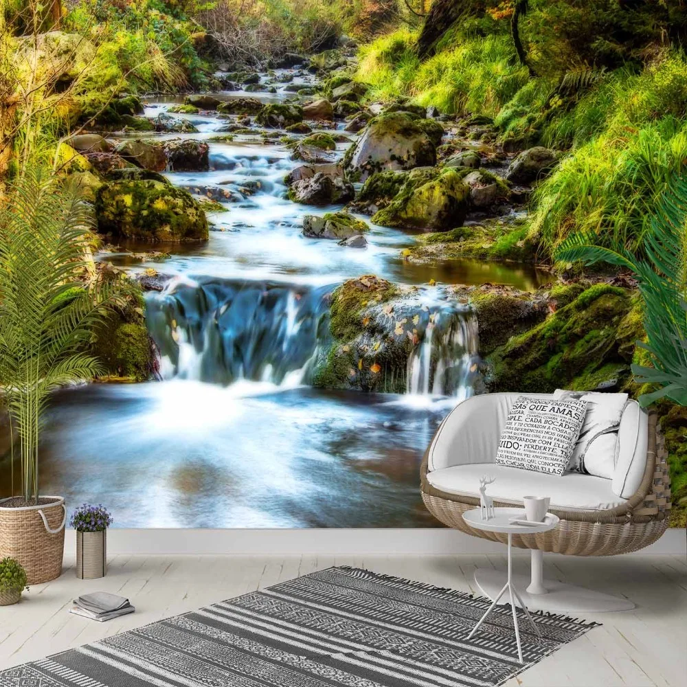 Else зеленая трава горный водопад река 3d фото Cleanable декор для стен домашний Декор Гостиная Спальня задний план обои