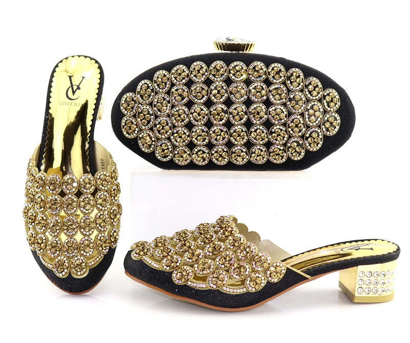 

Low heel 2 inches size38-42 free shipping black shoe and bag rhinestones for african aso ebi wedding party shoes bags SB8243-3