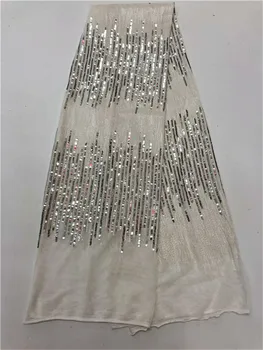 

Sequined African French Mesh Net Lace Fabric For India Evening Party Dress Fabrics 2017 New Nigeria Sequins Voile white, silver