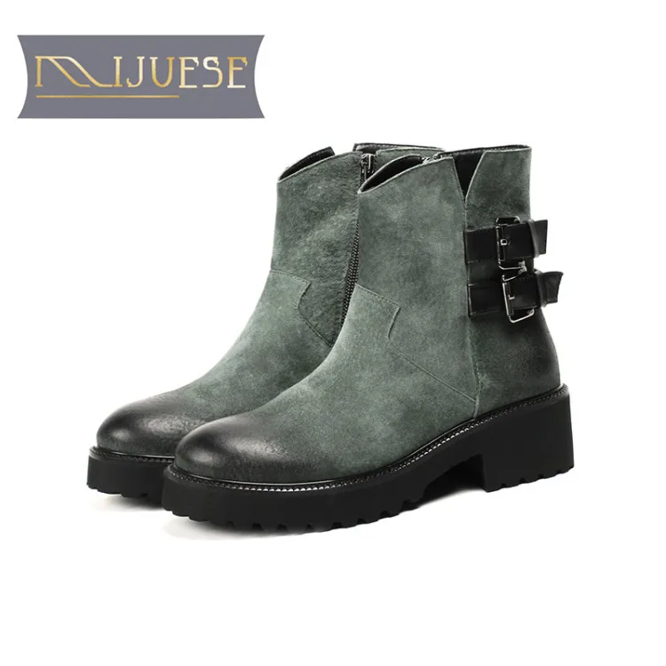 

MLJUESE 2019 women ankle boots Pigskin green color winter warm fur short plush low heel boots women martin boots size 33-43