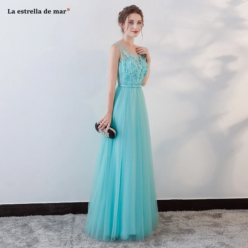 Robe demoiselle d'honneur2018 Новый Scoop спинки Кружева Линия бирюзовый вечерние платья Длинные наличии платье для свадьбы Вечерние