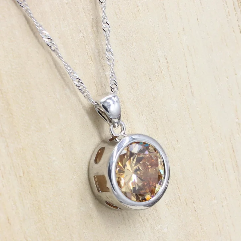 

925 Sterling Silver Women Jewelry Champagne Stones Round Shaped Pendant Necklace