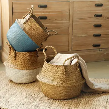 

1 PC Wicker Storage Baskets Colorful Foldable Straw Rattan Seagrass Belly Garden Flower Pot Planter Laundry Basket Toys Holder