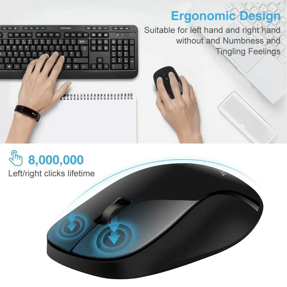 TeckNet 2.4Ghz Ergonomic Wireless Keyboard with Mouse Combo Set for Desktop Computer with Multimedia Key UK Keyboard Layout