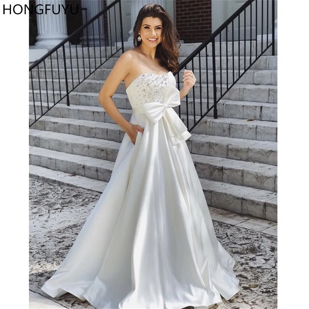 

HONGFUYU Ivory Prom Formal Dresses Satin Belt Bow Sexy Pearl & Crystal Ball Gown Evening Party Dress Long robe de soiree Pockets