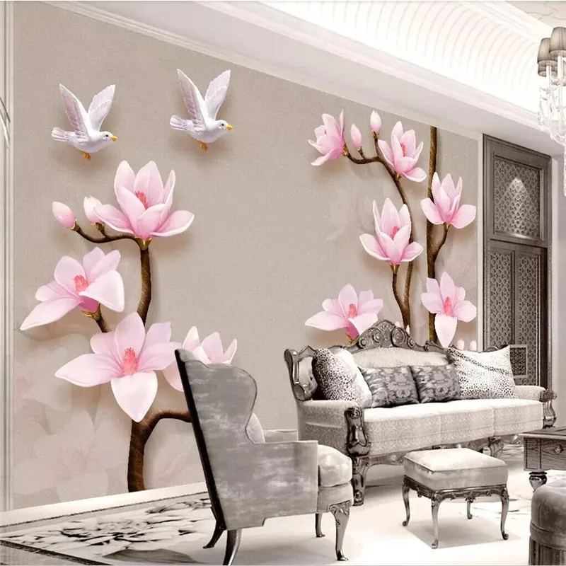 

High-definition 3d Embossed Magnolia Flying Bird Jewelry TV Wall Specializing in the production of wallpaper murals Custom home