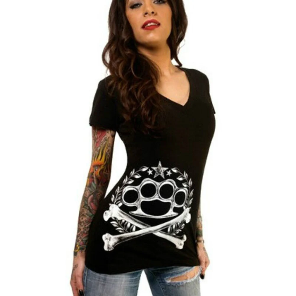 

Summer T-Shirt Skull Print Causal Women Short Sleeve V-Neck Punk Style Tee Tops Fashion T Shirt Plus Size Women S-XL