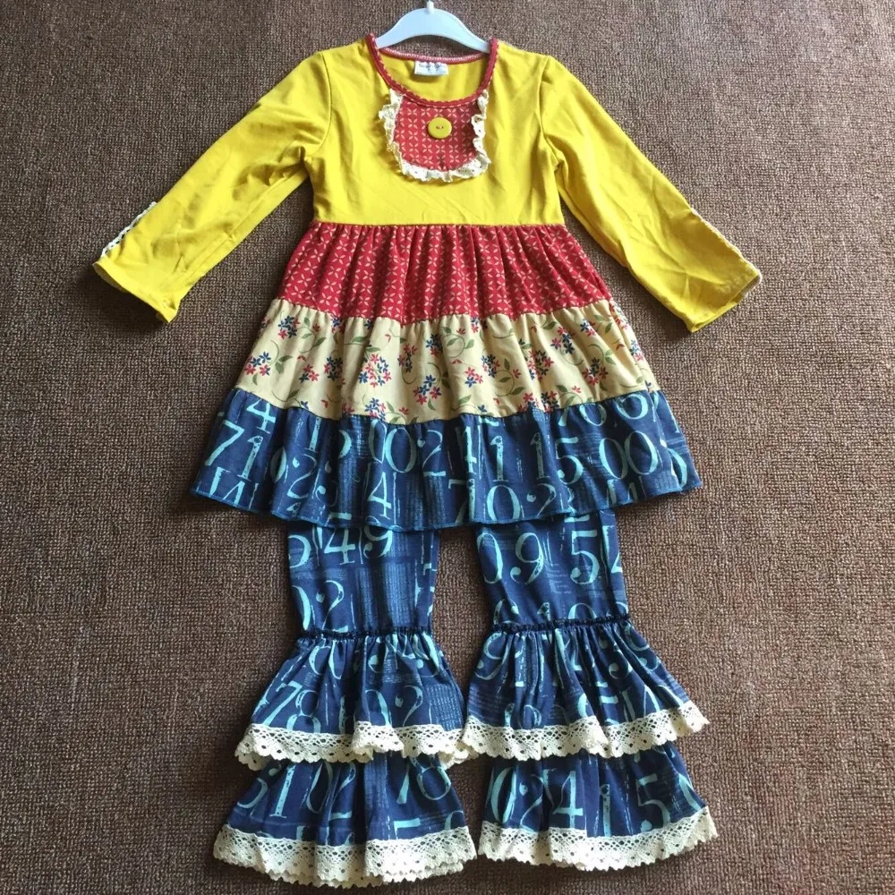 

2017 Fall Long Yellow Splice Cloth Style Cute Clothing Sweet Baby Girl Sets Children Fashion Apparel Accessory