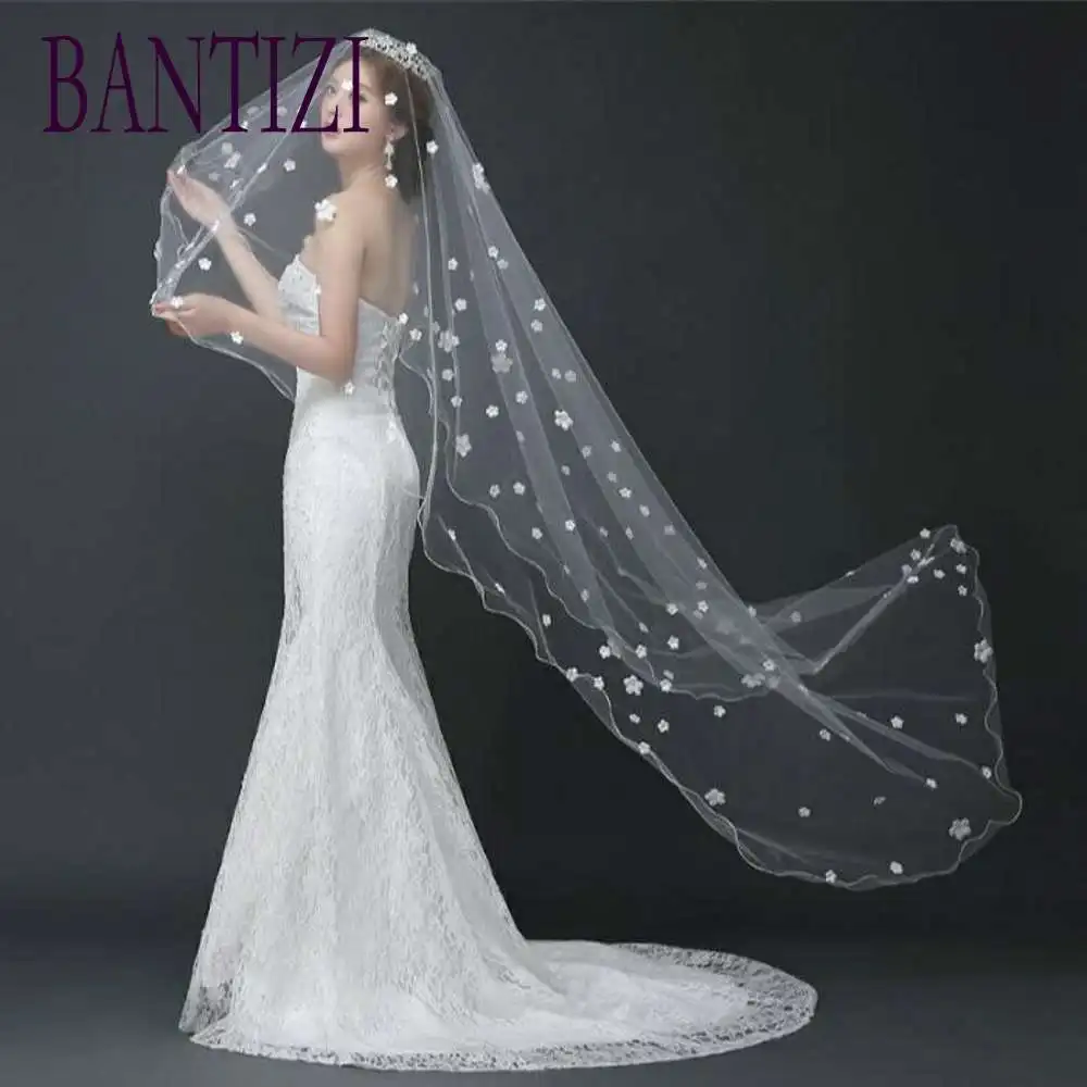 3 M Cathedral Bridal Veil White One Layer Flower Tulle Wedding Veil