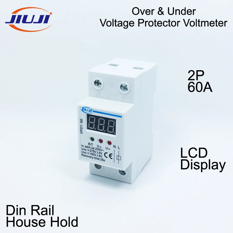 

60A220V Automatic Reconnect Over & Under Voltage Protective Device Protector Protection Relay LCD with Voltmeter voltage monitor