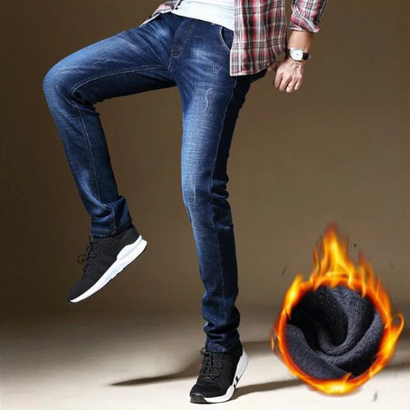 

2019 Winter Fashion Men's Jeans Blue Color Slim Fit Elastic Korean Style Plush Warm Jeans Men Stretch Thick Velvet Pants Homme
