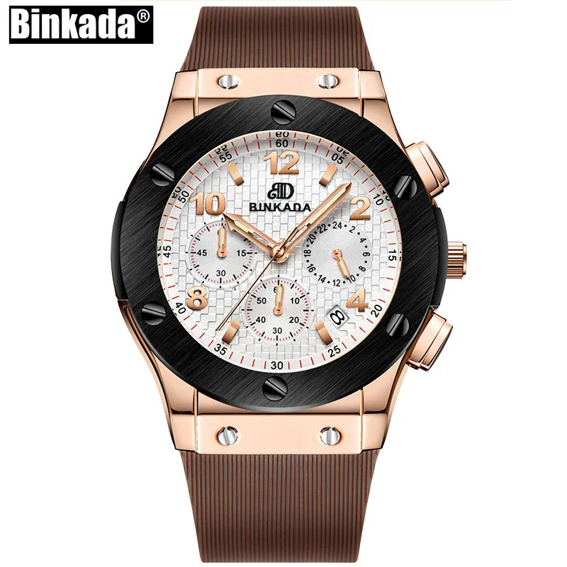 

Luxury Brand Casual Wrist Watch Men BINKADA New Chronograph Steel Rose Gold Watch Men Clock Male Quartz-watch Relojes
