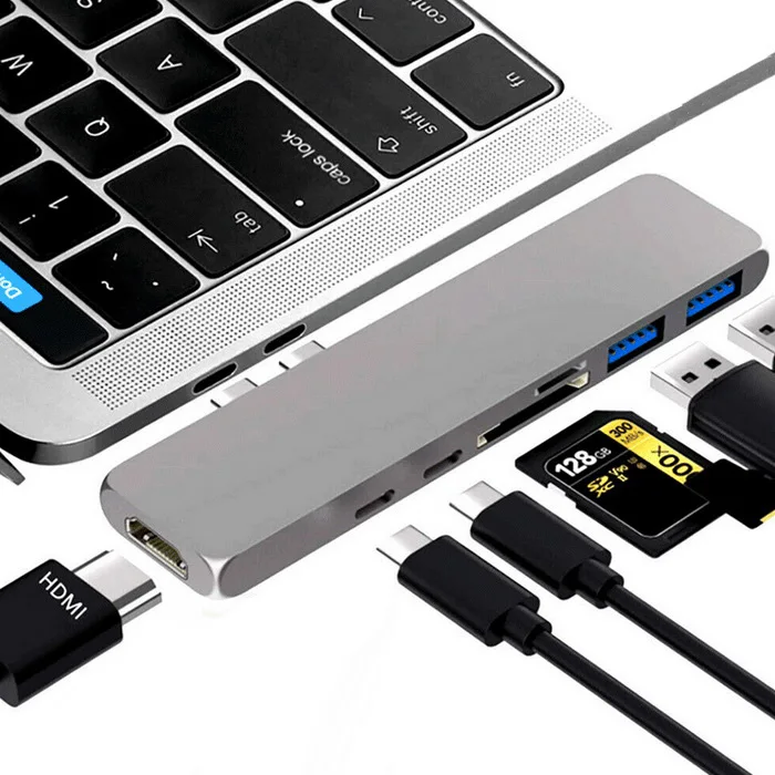 

7in1 USB-C Hub Dual Type-C Multiport Card Reader Adapter 4K HDMI