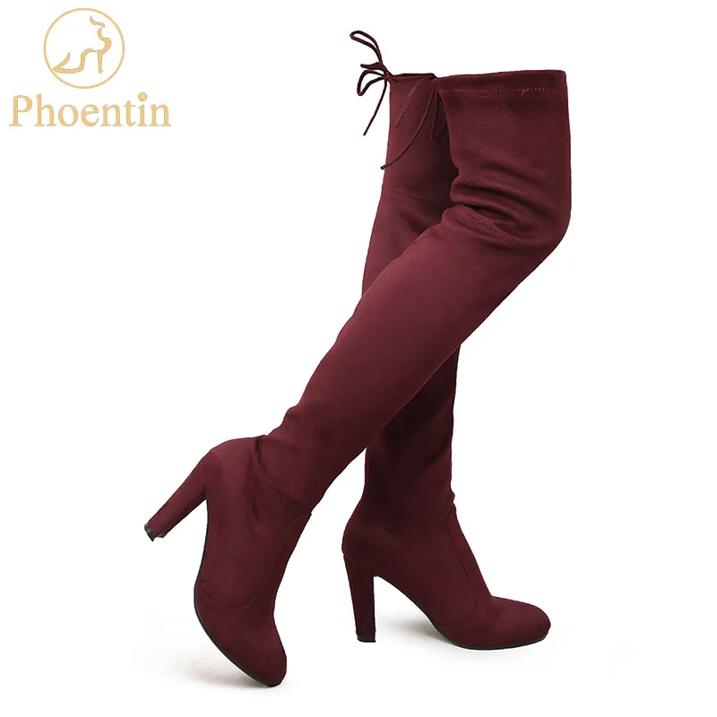 

Wine red thigh high boots stretch fabric spike high heel women boots spring autumn pointed toe women's shoes basic fashion PH009
