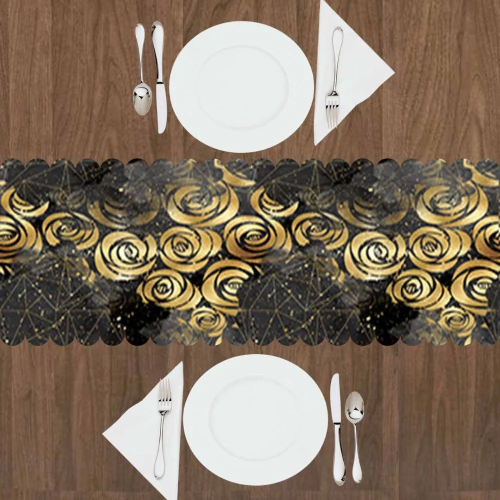 

Else Black Clouds Golden Yellow Roses Flowers Floral 3d Print Pattern Modern Table Runner for Kitchen Dining Room Tablecloth