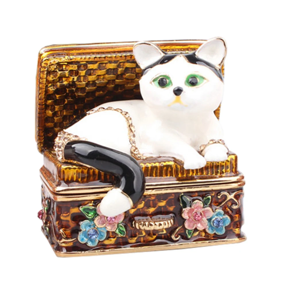 

Enamel Hand Painted Cat in Treasure Chest Trinket Box Cat Figurine Statues Gifts
