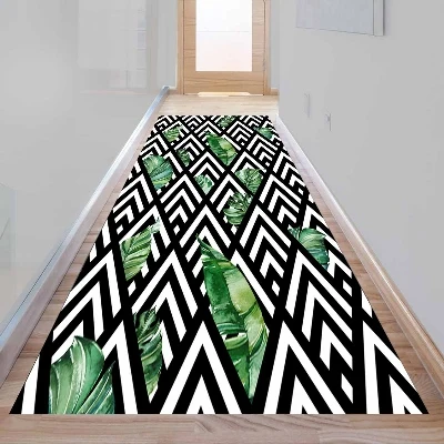 Еще тропический зеленый лист черные белые линии 3d печать нескользящие микрофибры Моющиеся длинные бегуны Коврики для прихожей