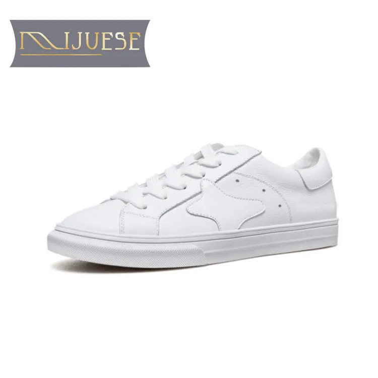 

MLJUESE 2018 women sneakers cow leather lace up white color autumn spring Vulcanize Shoes fashion sneakers women flats
