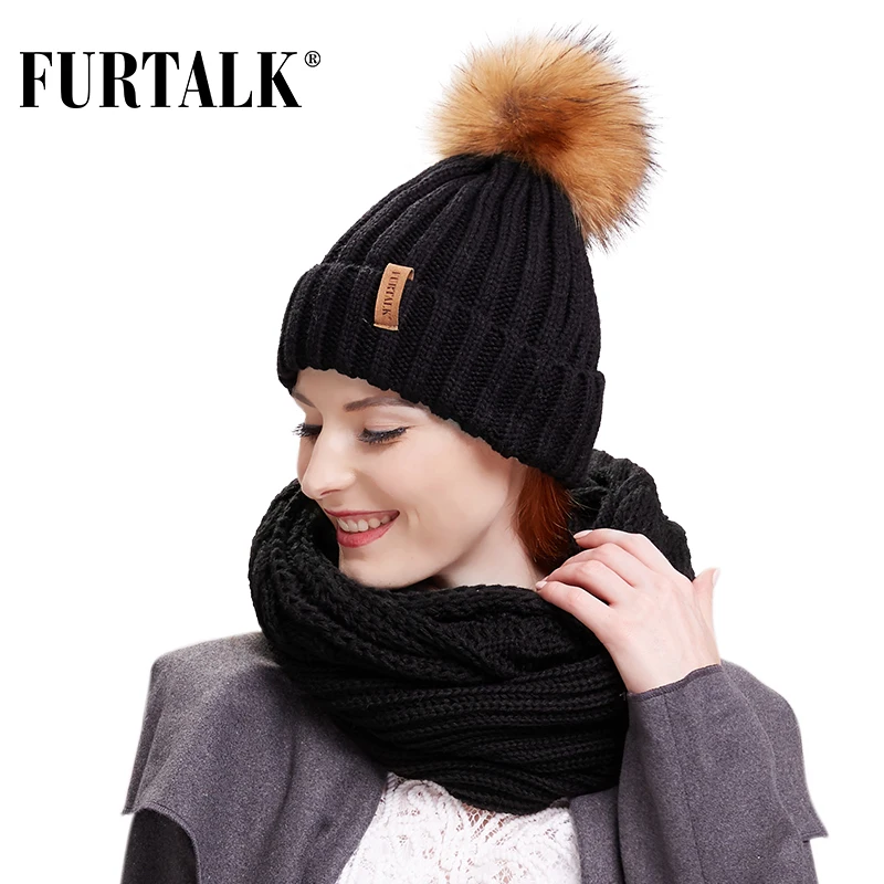 FURTALK Женский зимний комплект шапка с помпоном и снуд |