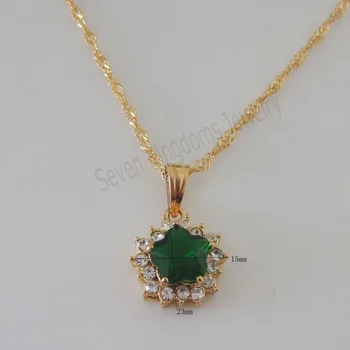 

Foromance/- YELLOW GOLD OVERLAY COATED 18" NECKLACE& SHINNING ZIRCON STONE GREEN FLOWER SHAPED PENDANT