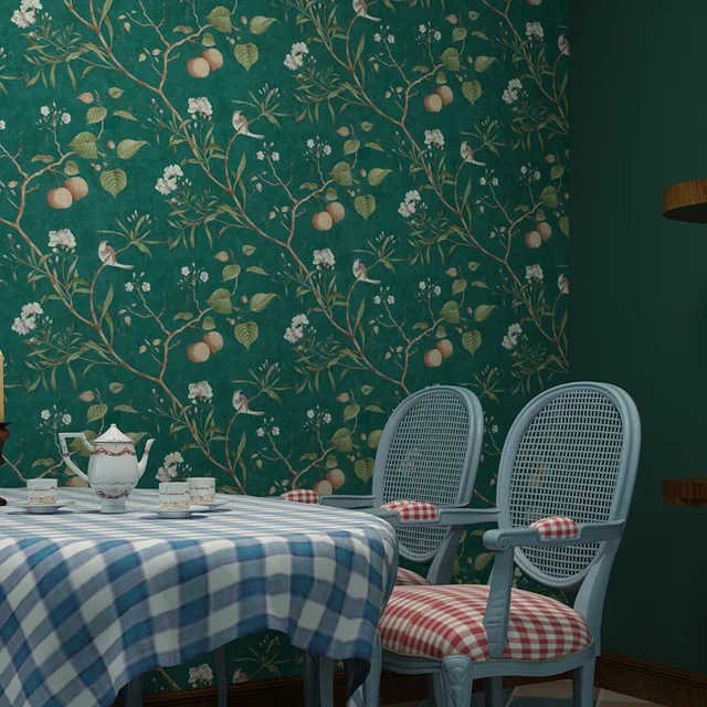 Retro Style Green Apple Floral Bird And Tree 3D Wallpaper - Image 2