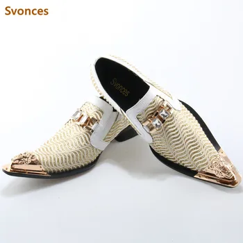 

Svonces White Metal Decor Men Genuine Leather Oxfords Slip On Mens Wedding Dress Shoes Square Toe Business Leather Shoe Flats