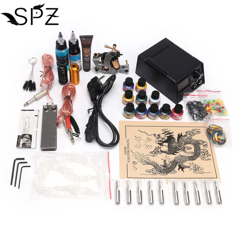 

Complete Tattoo Kit Set Tattoo Machine Gun Power Needles With 10Colors Ink Permanent Make Up Body Tattooing Art Supply 2018