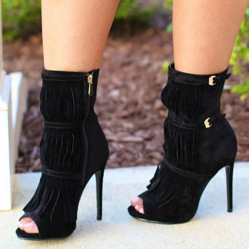 

Women's Black Fringe Boots Peep Toe Stiletto Heel Ankle Booties