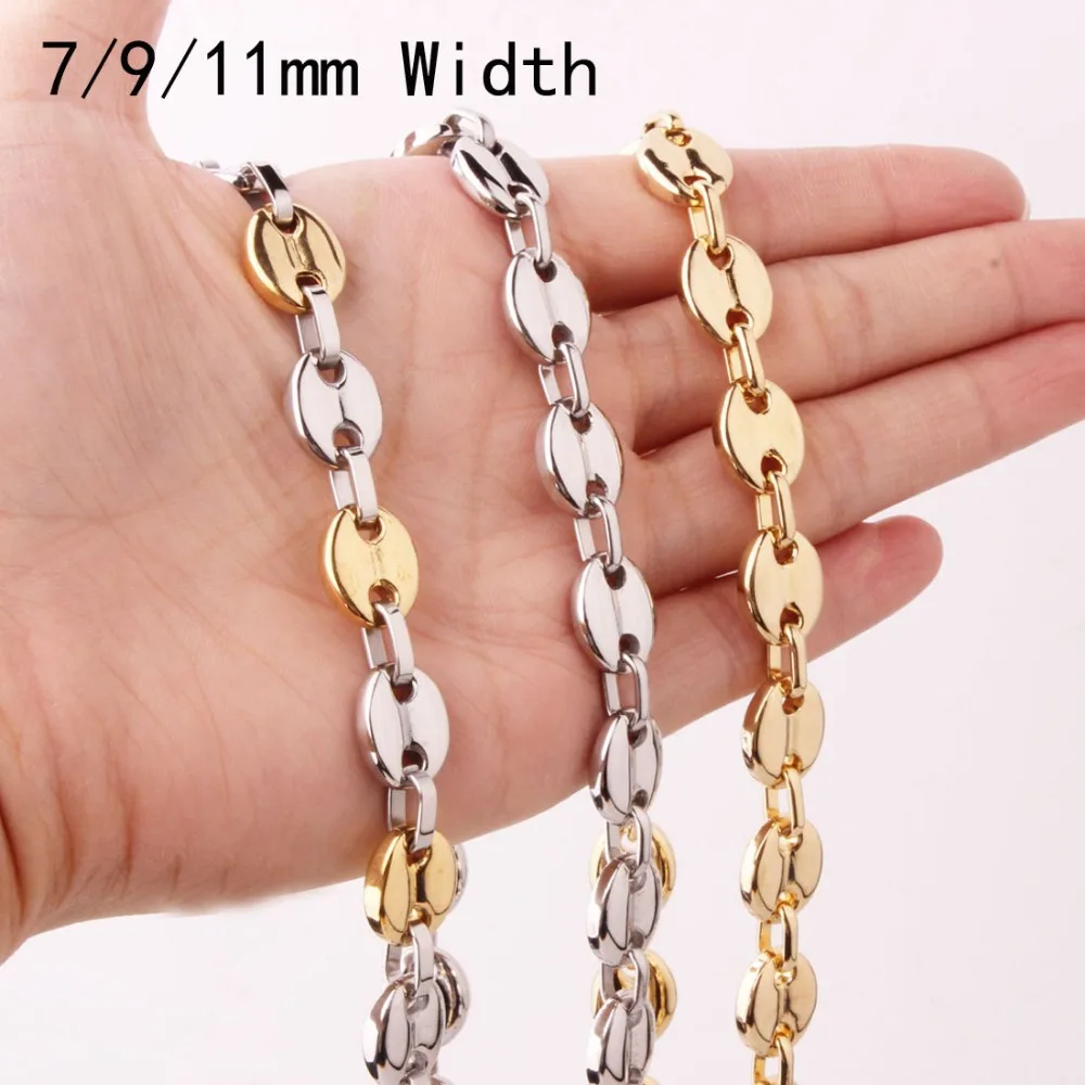 

7/9/11MM Fashion Gift 316L Stainless Steel Silver/Gold/Silver Gold/Rose Gold Coffee Beans Chain Mens Womens Necklace Or Bracelet