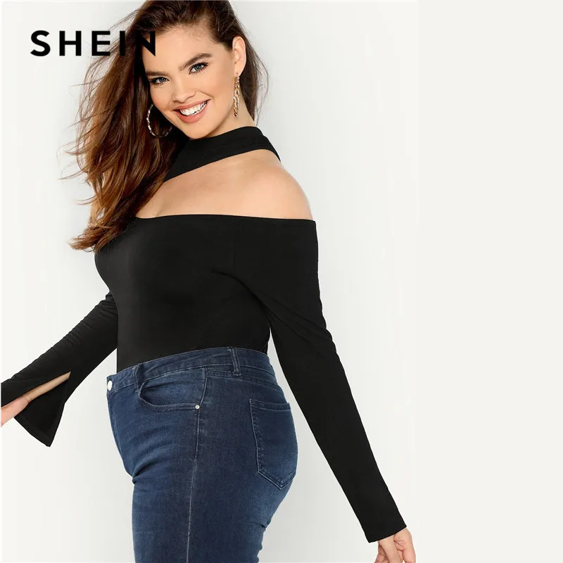 SHEIN черный сексуальный Асимметричный женский топ с вырезом горловины размера плюс, новинка, осенняя эластичная Однотонная футболка с длинным рукавом и воланом