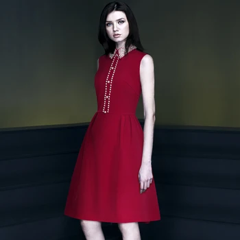 

Luxury Beaded Women Red Solid Dress Fashion Turn-Down Collar Sleeveless A-Line Dresses