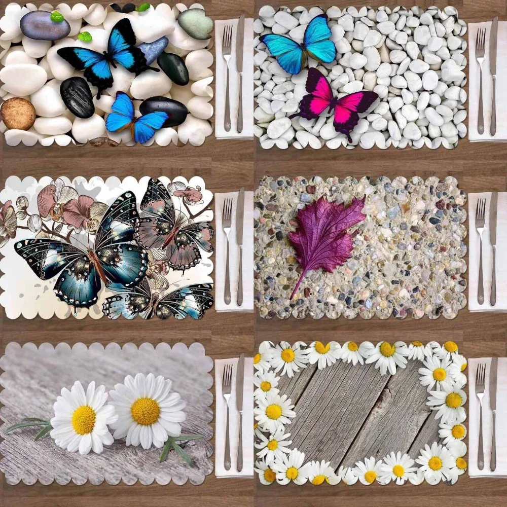 

Else 4PCS Pink Blue Butterfly Flower Daisy Stone Washable Print Fabric Place Table mat for Dining Room Kitchen Table Napkins Set