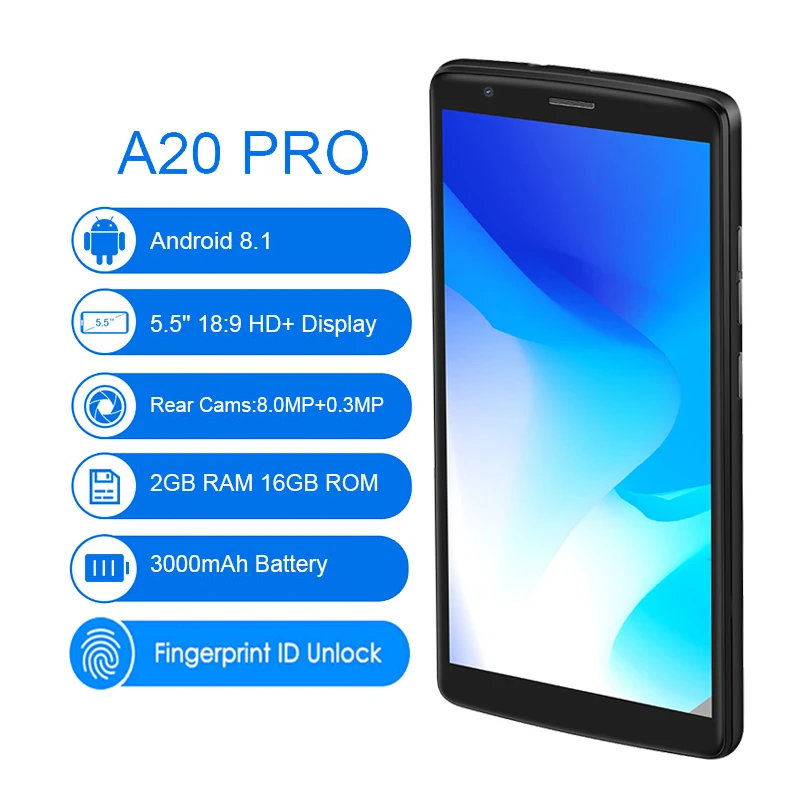 Blackview A20 Pro Smartphone Android 8.1 2GB+16GB 5.5 Inch 18:9 Full Screen MT6739 Quad Core 8MP Fingerprint 4G LTE Mobile Phone