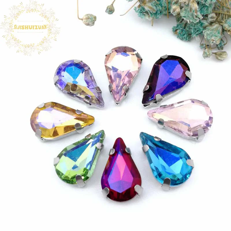 

Dazzle AB color Water drop shape Glass Crystal sew on rhinestones with claw Diy Clothing accessories 8*13mm 20PCS