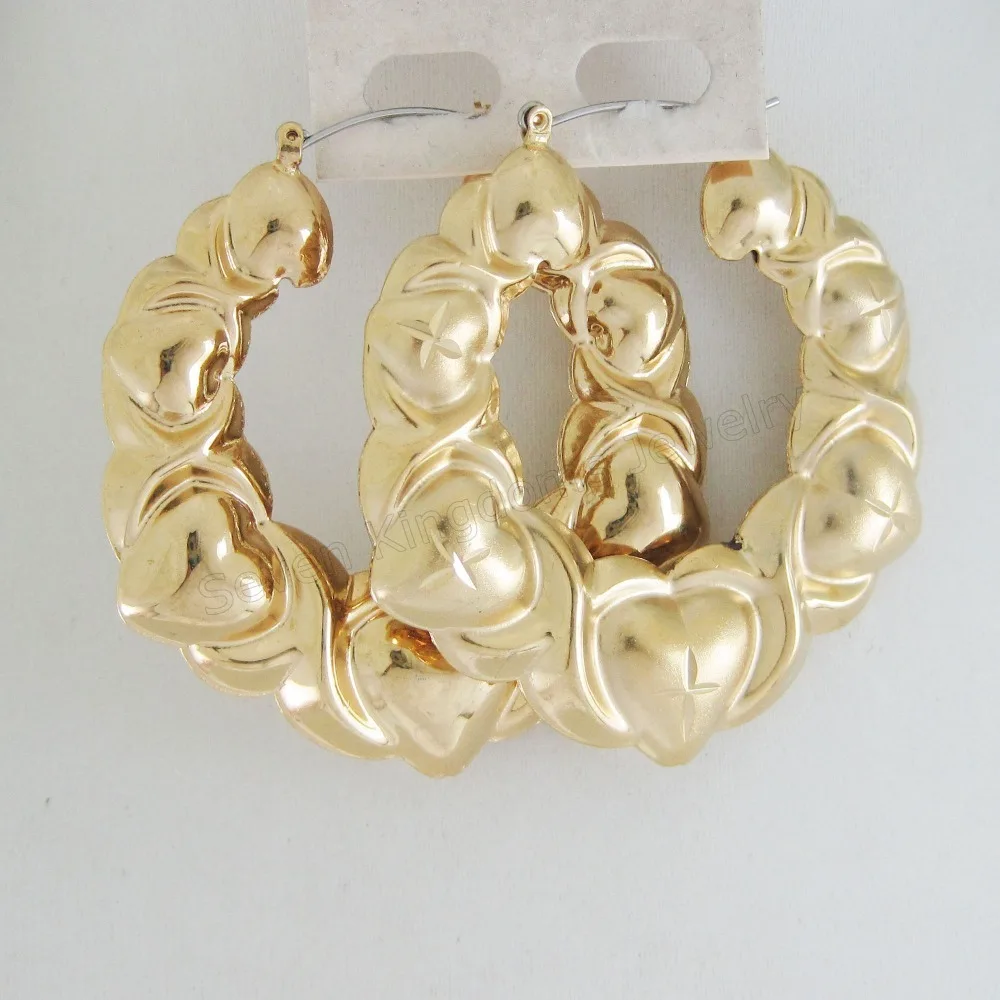 

MIN ORDER 10$ CAN MIX DESIGN/STAR CARVED SURFACE HOLLOW YELLOW GOLD GP HUGE BIG HOOP TALL 57MM 2.2" HEART SHRIMP EARRING