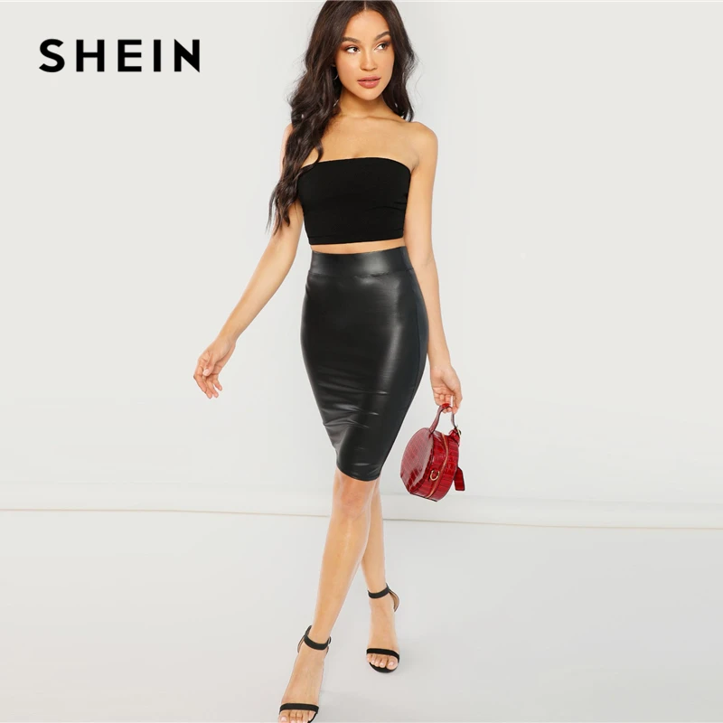 SHEIN Одноцветная Юбка-Карандаш Из Эко Кожи Сексуальная Облегающая Юбка