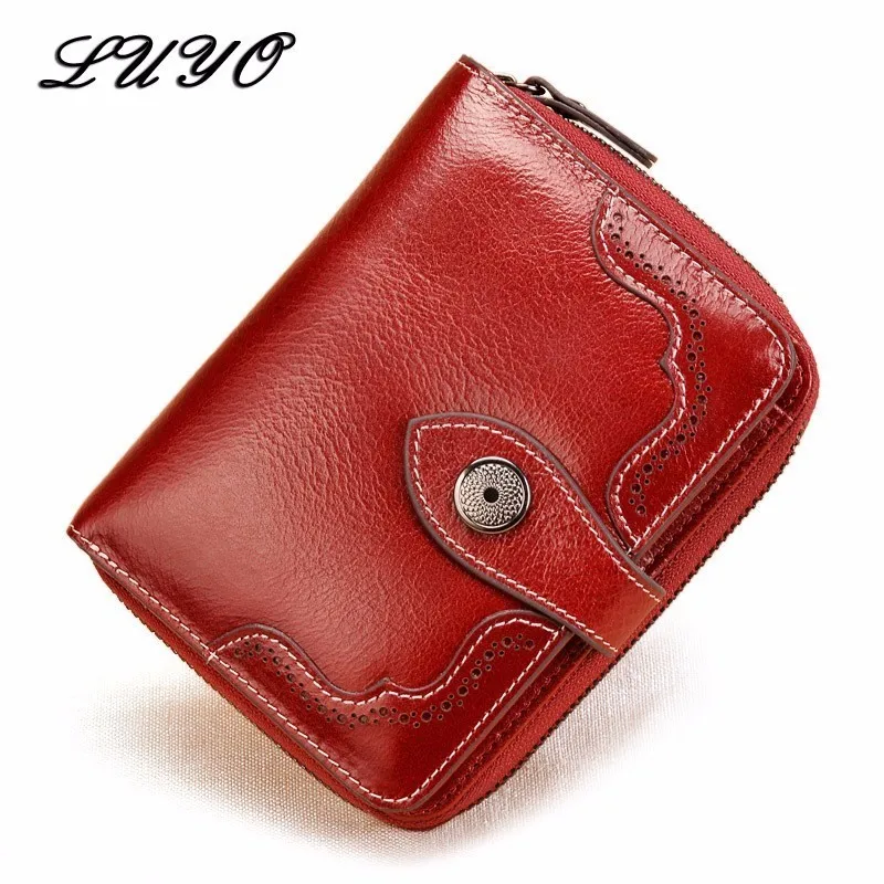 

LUYO Genuine Real Leather Oil Wax Small Female Girls Wallet Women Card Holder Womens Wallets And Coin Purses Holders Handy Bag
