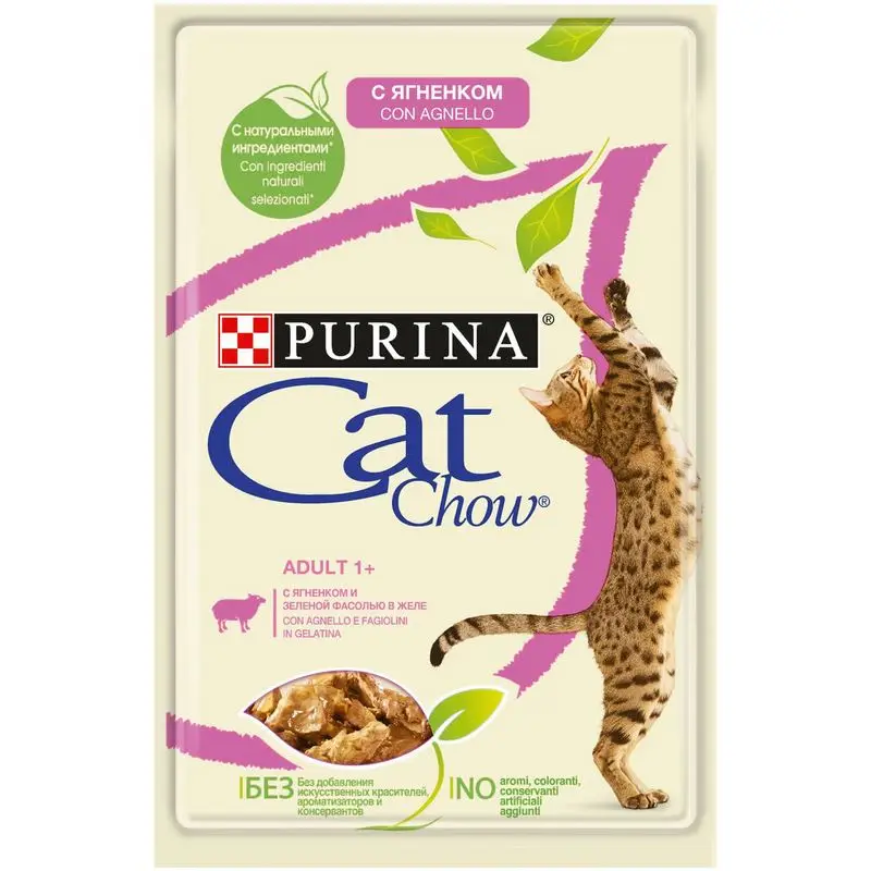 Cat Chow Adult пауч для взрослых кошек кусочки в желе, Ягненок и зеленая фасоль(0,085 кг* 24 шт