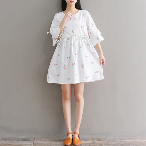 

Japan Fashion Mori Girl Dresses 2018 Summer New Women Preppy Sweet Loose O-neck Flare Sleeve Embroidery Cotton Linen Dress