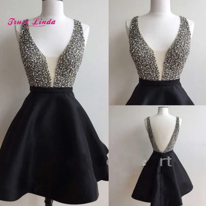

Modest Satin Dress For Wedding Party 2018 Deep V Neckline Beaded Short Party Dresses For Wedding Vestido De Dama