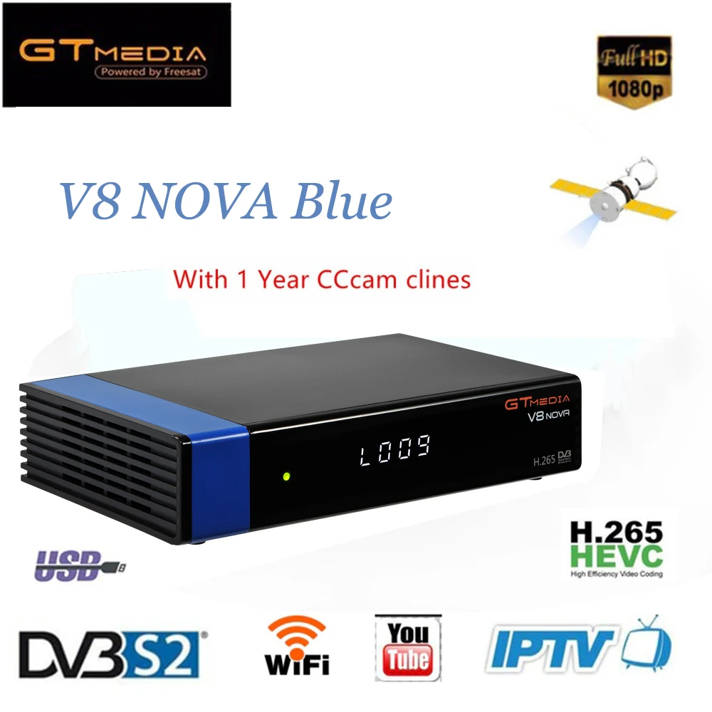 

Satellite TV Receiver Gtmedia V8 Nova Blue Power by freesat V8 Super Receptor DVB-S2 1 Year Europe 6 lines CCcam as a giftTV Box