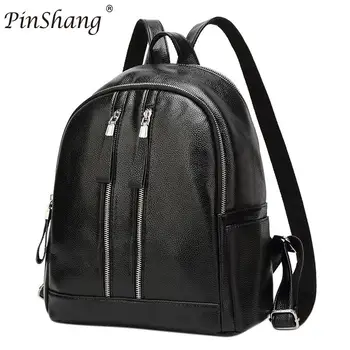 

PinShang Women Casual PU Leather Travel Backpack Multi-pocket Double Zippered Shoulders Bag Schoolbag Daypacks Black ZK25