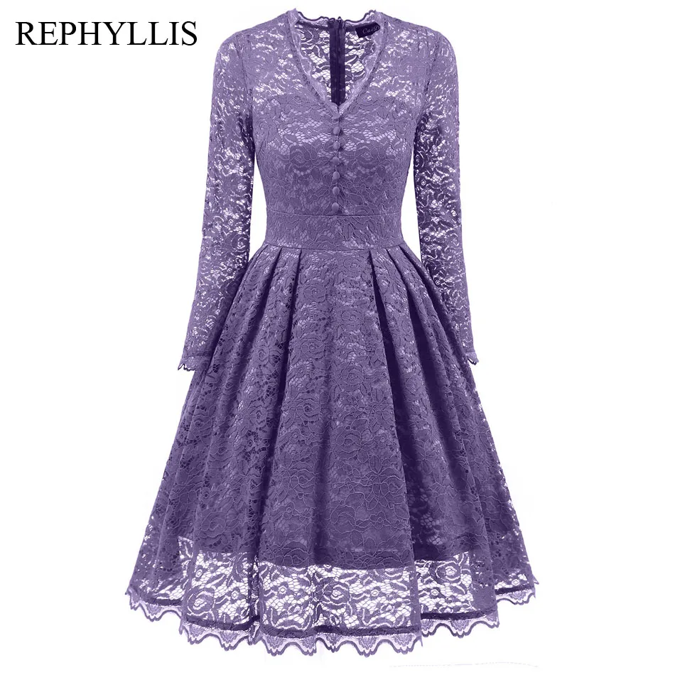 Женское кружевное платье REPHYLLIS винтажное коктейльное с длинным рукавом и v