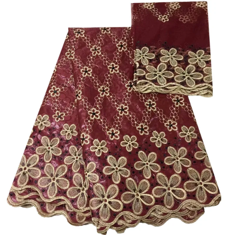 

HFX Hot Sale Guinea Brocade African Bridal Lace Fabric Wine/Gold Flower Embroidery Bazin Riche Getzner With Beads L99-1