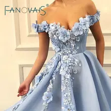 "Синий с плеча вечерние платья длинные с 3D цветы платья выпускного вечера vestidos de fiesta largos elegantes de gala "