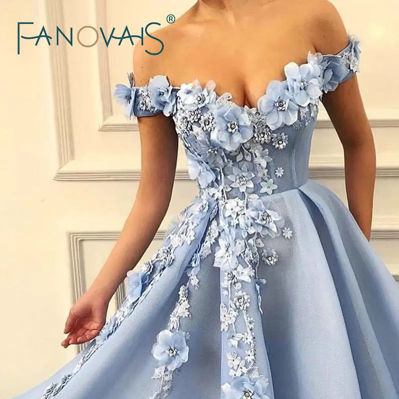 Blue Off Shoulder Evening Dresses Long With 3D Flowers Prom Dresses 2019 vestidos de fiesta largos elegantes de gala Blue Off Shoulder Evening Dresses Long With 3D Flowers Prom Dresses 2019 vestidos de fiesta largos elegantes de gala