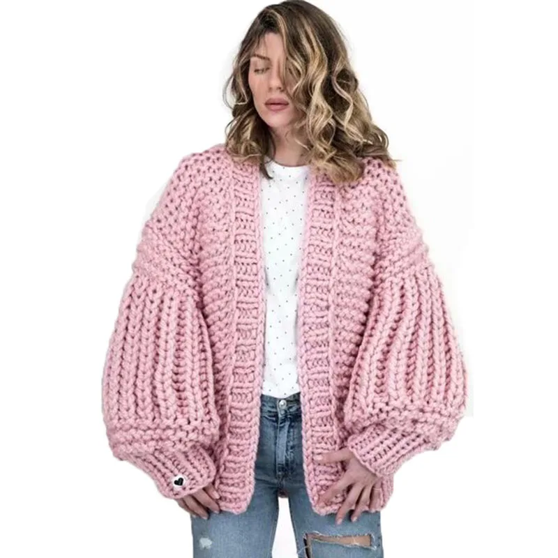 

Luxury Hand Knit Cardigan Sweater Hook V-Neck Coarse Wool Jacket Lazy Crocheted Coat Rough Lantern Sleeved Batwing Outwear Tops