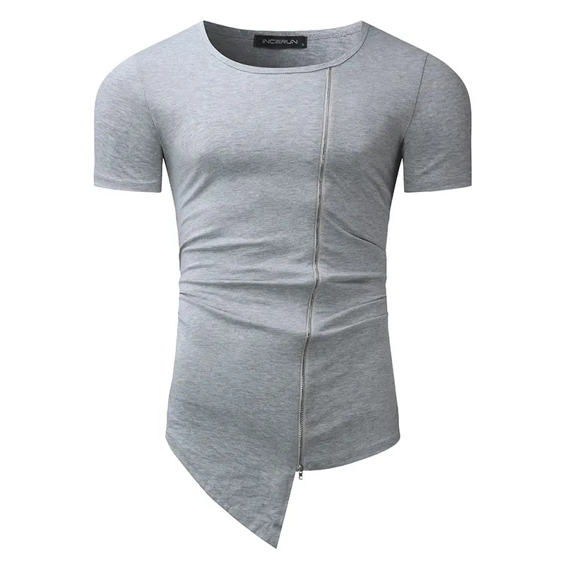 Новая брендовая одежда, модная Асимметричная дизайнерская летняя футболка с круглым вырезом на молнии, Мужская футболка с коротким рукавом в стиле хип-хоп, Мужская футболка